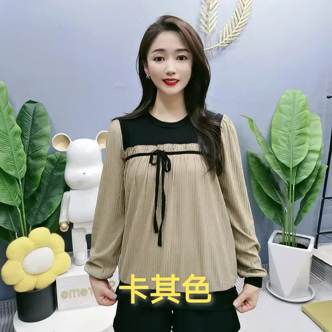 9122秋季新款圆领花边长袖打底衫女士休闲宽松高弹气质打底衫