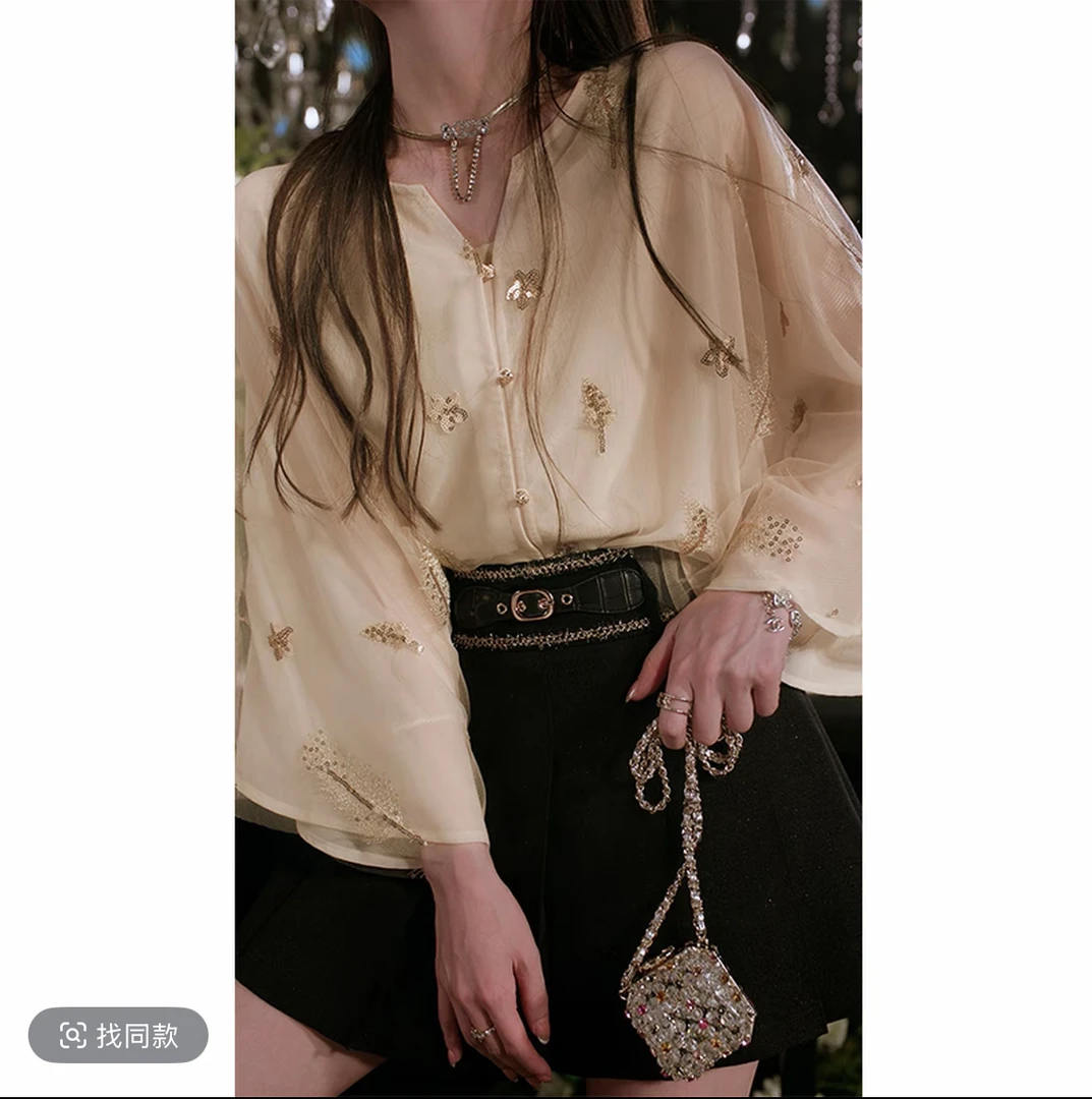 春夏【翩翩之境】精致小富婆 网纱珠片绣花小衫气质百搭减龄显瘦