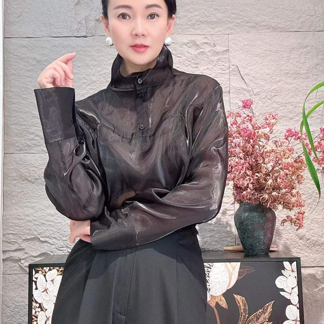 黑色透视薄纱长袖衬衫