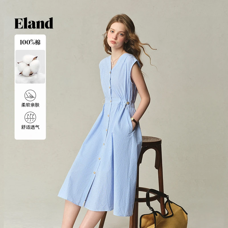 【一秒入夏】Eland衣恋欧若风女士V领无袖连衣裙气质穿搭EEOWF25M01