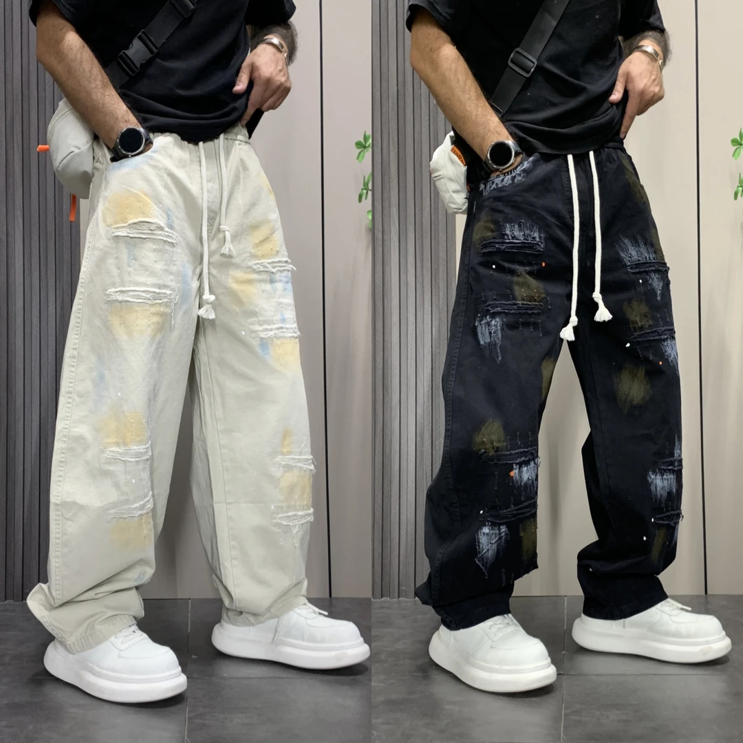 秋季潮流宽松直筒阔腿裤美式高街涂鸦弯刀牛仔裤男士设计感休闲裤