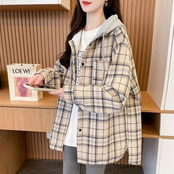 洋气减龄连帽格子衬衫外套女秋冬新款加绒加厚宽松百搭设计感上衣