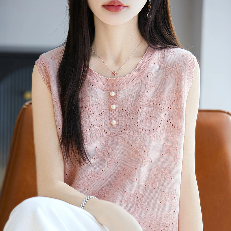 夏季花边圆领针织背心女无袖纯色镂空打底衫上衣百搭甜美通勤