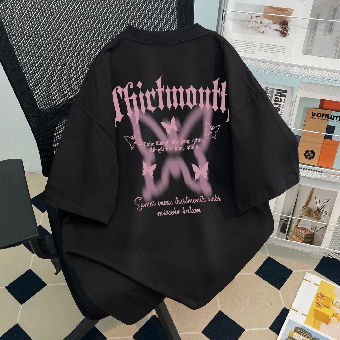 100%纯棉女童黑色短袖t恤夏季款潮牌蝴蝶结印花中大童时髦上衣服