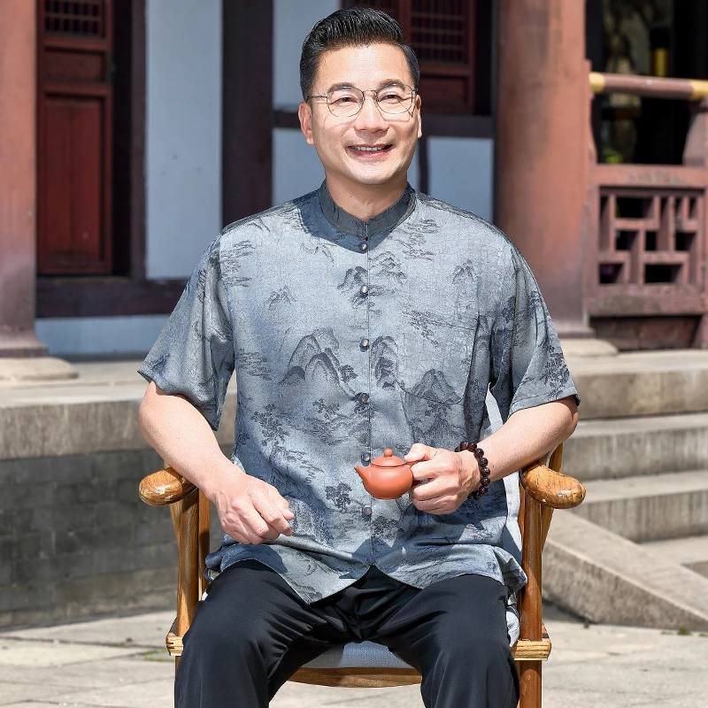 唐装男中老年爸爸夏装套装爷爷夏季短袖60岁70中国风80老年人衣服