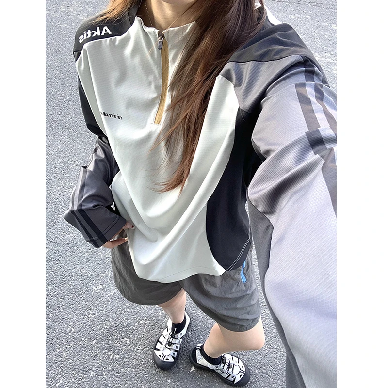 美式撞色拼接半拉链骑行服男女秋季户外山系机能运动情侣长袖t恤