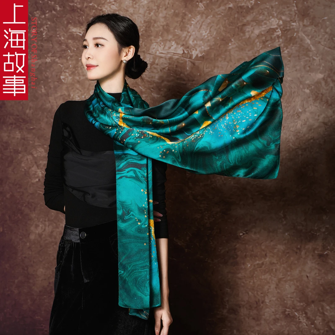 上海故事旗袍披肩长条真丝围巾丝巾围脖护颈洋气桑蚕丝丝巾女款