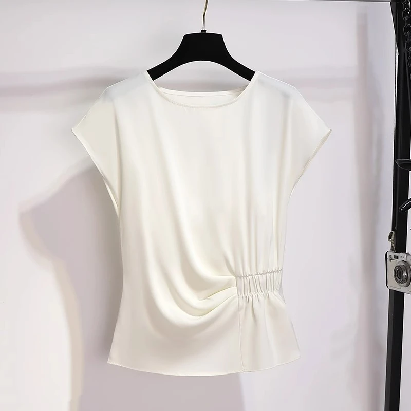 米杏色高端醋酸缎面上衣女夏2025新款轻奢高级感洋气欧货短袖小衫