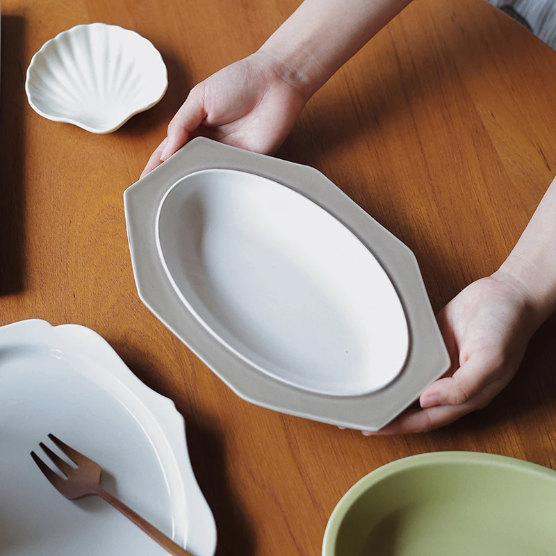 【瑕疵】Camus say 10英寸雾面灰白长方八角盘 26×17×3.6cm