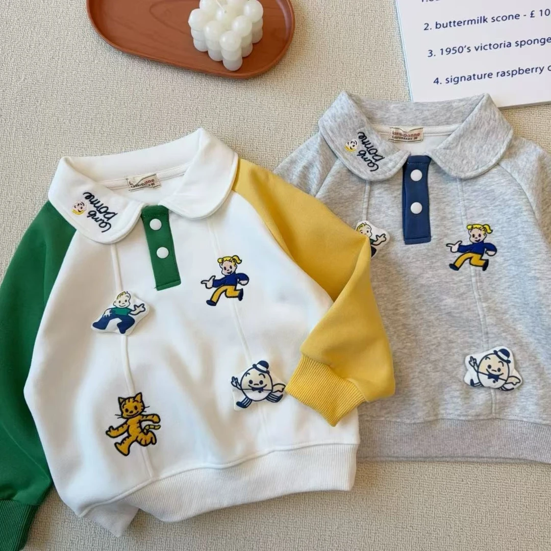 2025新款男女童卫衣日系儿童春秋款可爱卡通字母刺绣翻领秋装上衣