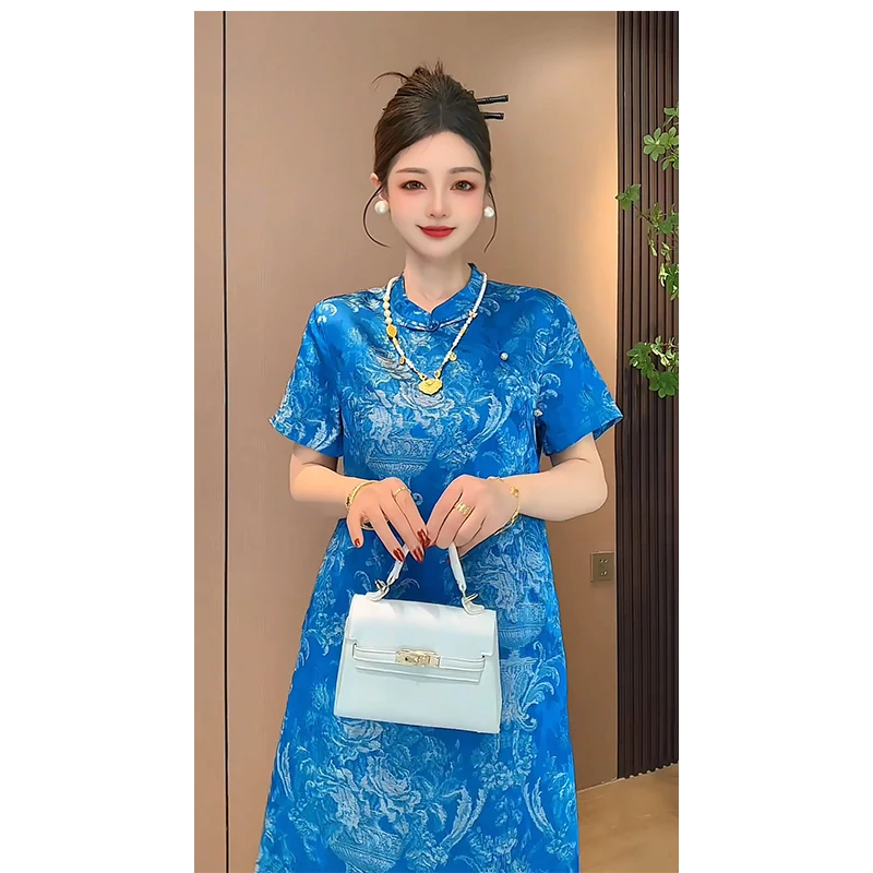 【青花瓷】国风新中式旗袍裙人丝提花复古短袖A字连衣裙短裙裙子女