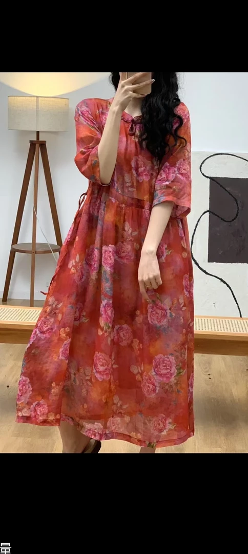 苎麻印花文艺复古盘扣收腰显瘦百搭舒适透气连衣裙长120胸围114