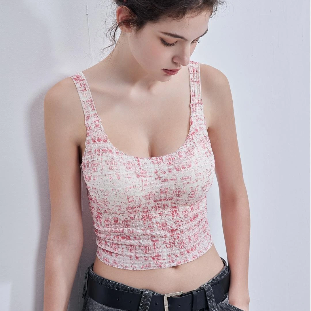 棉小初早春新款舒适宽肩带固定一体杯吊带背心小香风吊带时尚美背