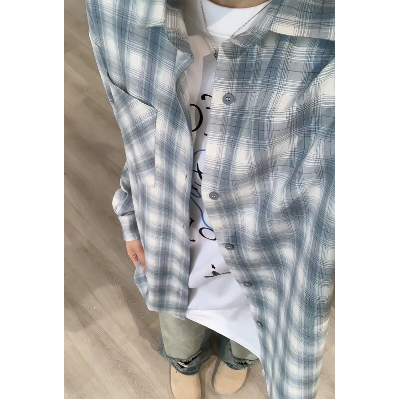 蓝白格子衬衫外套男女2025春夏韩版宽松慵懒百搭长袖衬衣轻奢风潮