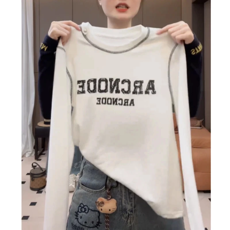 欧货圆领拼色长袖T恤女秋装2025冬季新款内搭显瘦修身字母打底衫