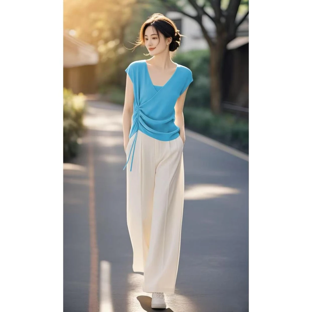 冰丝短袖t恤女2025夏修身设计感超好看独特漂亮抽绳针织上衣套装