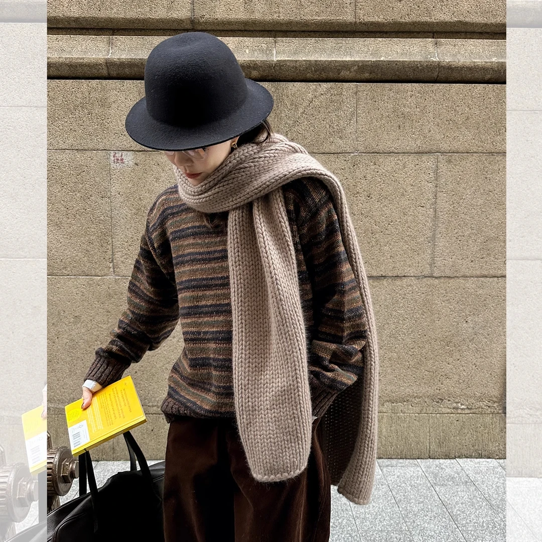 莉贝琳sisy撞色条纹毛衣复古慵懒加厚全羊毛针织衫S24312SW07