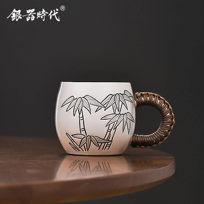 银器时代足银999茶杯纯手工錾刻竹子多功能马克杯银主人杯