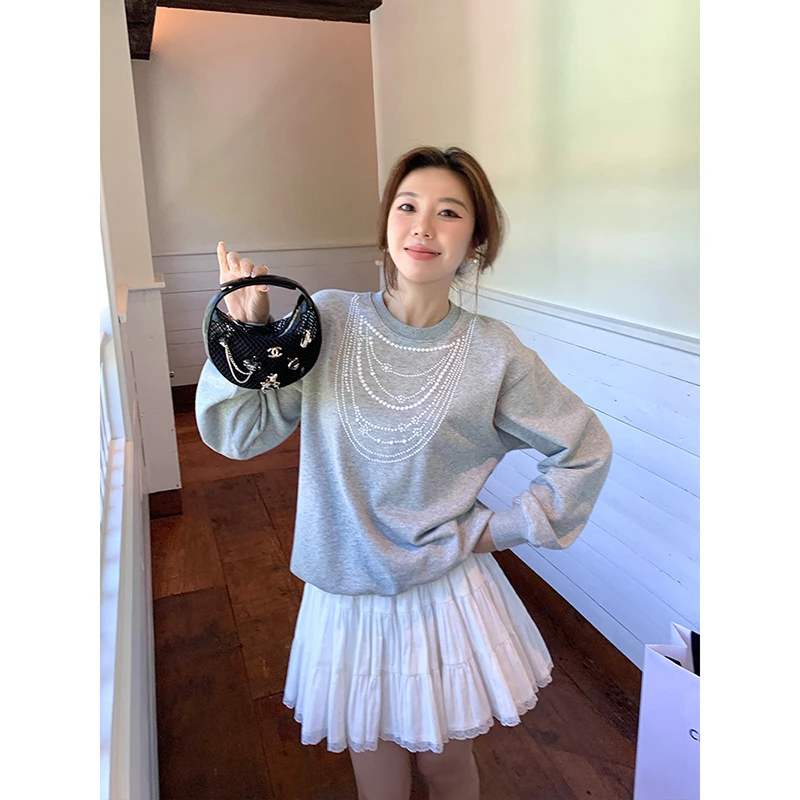 coco小姐的项链 3D立体珍珠烫钻 350g毛圈卫衣C25C01328C