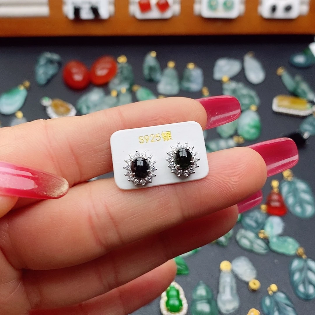 翡翠耳饰银S925镶嵌耳钉