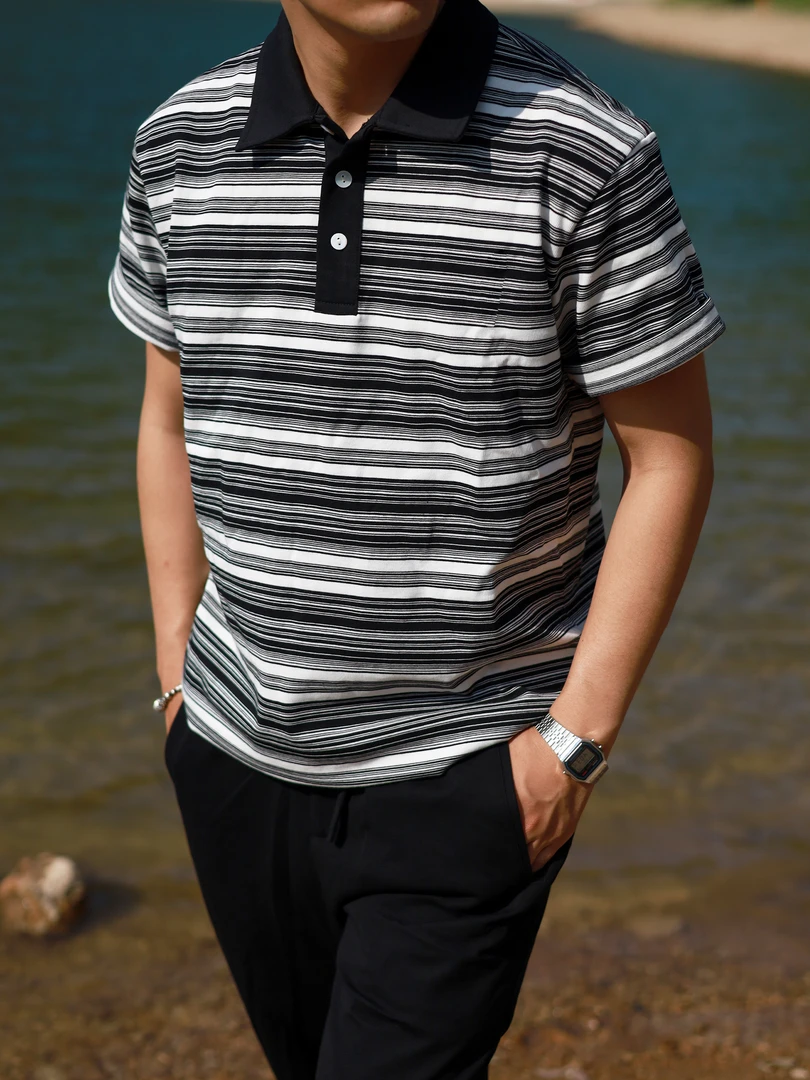 复古常青藤 回故HYMG 合身版型 300克21支双纱条纹翻领polo衫短袖