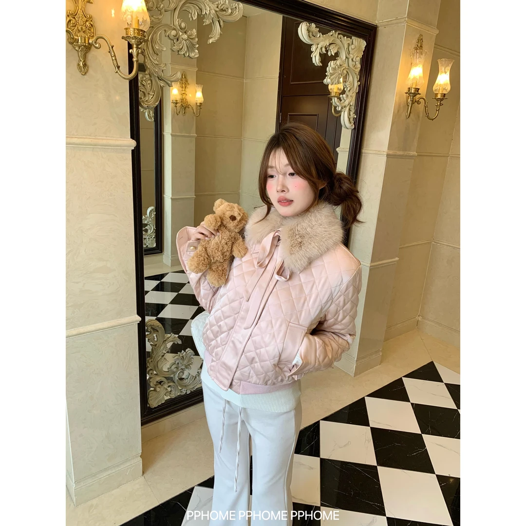 京都大小姐 版型巨显瘦缎面菱格棉服毛领可拆秋冬外套