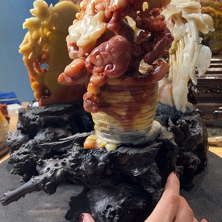 寿山石梅开五福摆件