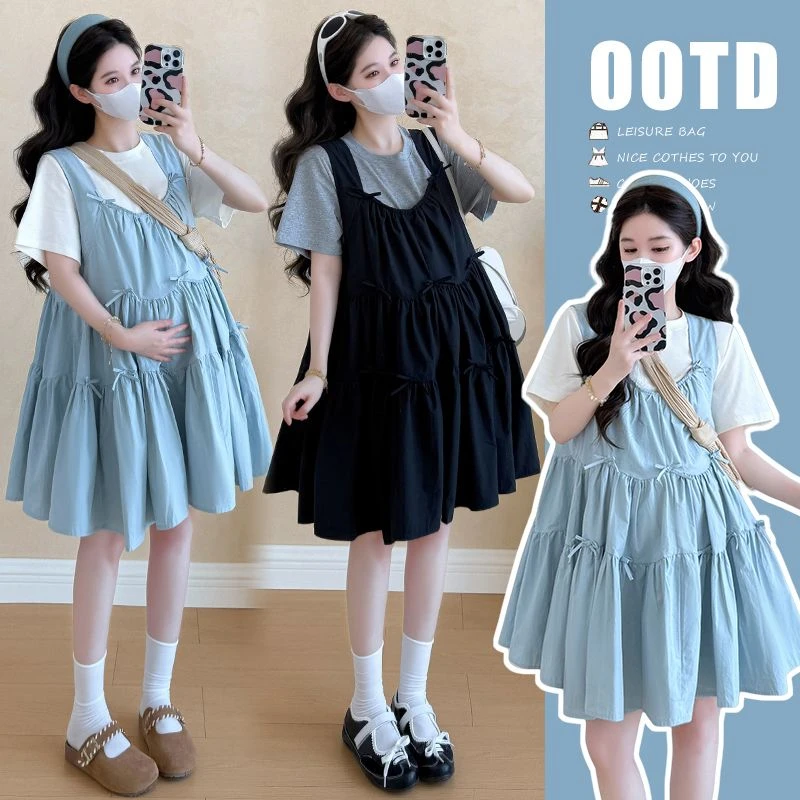 【枫丽】2025夏季新款孕妇韩版时尚蝴蝶结宽松背心裙短袖T恤两件套