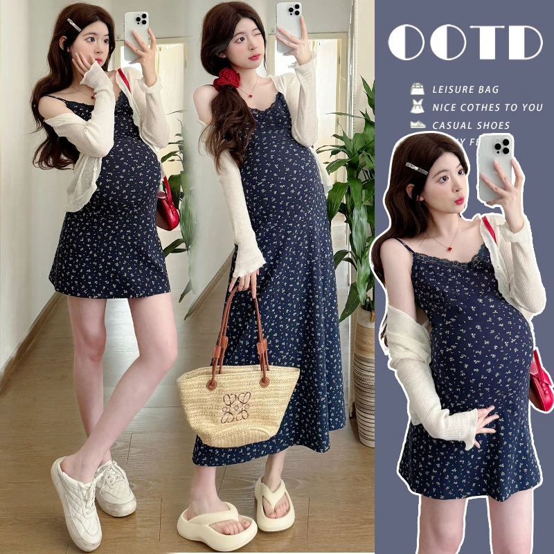 孕妇夏装连衣裙套装2025新款法式高级感孕妈穿搭碎花裙+防晒上衣