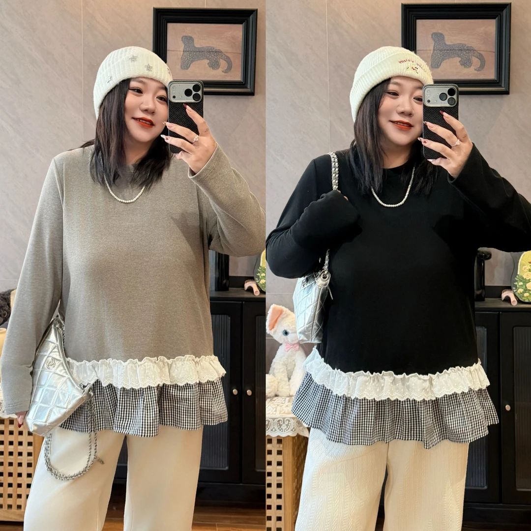 花契“蔚山星眠”大码女装冬季宽松200斤胖mm荷叶花边t恤16592-H