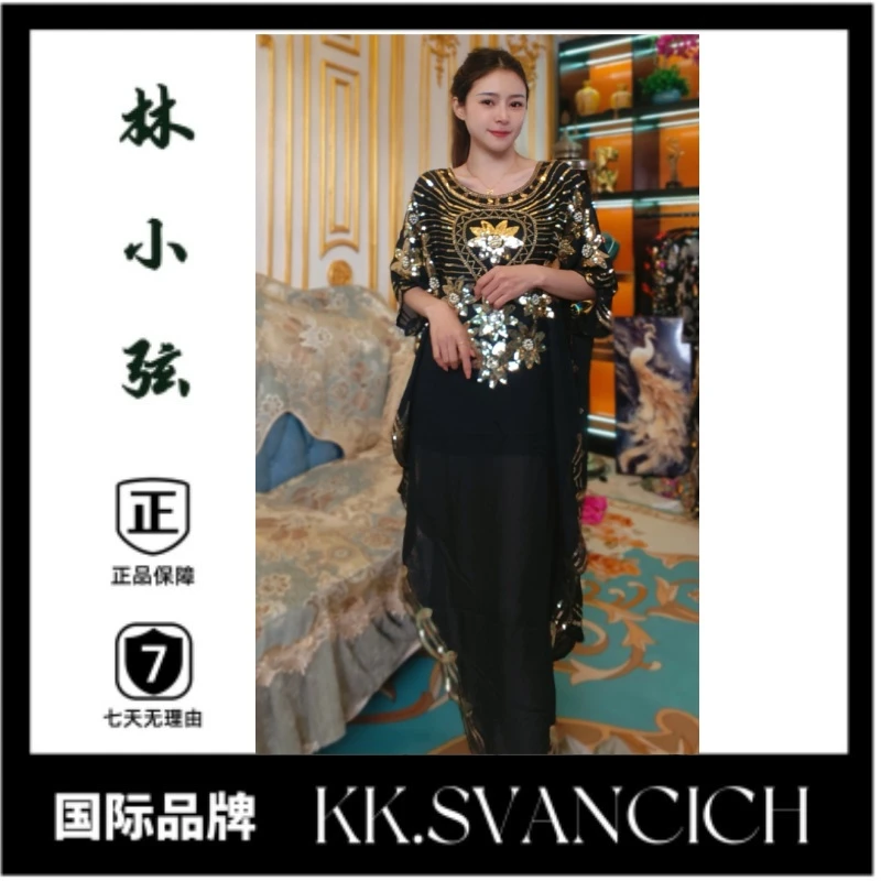 477黑金色亮片连衣裙女气质显瘦高贵轻奢长款设计师1