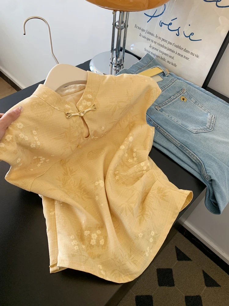 新中式国风盘扣提花立领短袖衬衫气质女设计感黄色多巴胺上衣夏季