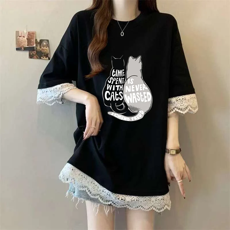 黑色磨毛宽松中长款蕾丝短袖t恤女时尚百搭圆领显瘦上衣2025新款