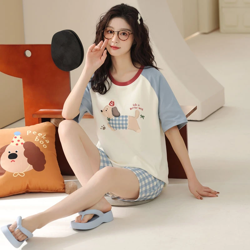 2025新款卡通薄款睡衣女夏季100%纯棉短袖短裤女士夏天宽松家居服