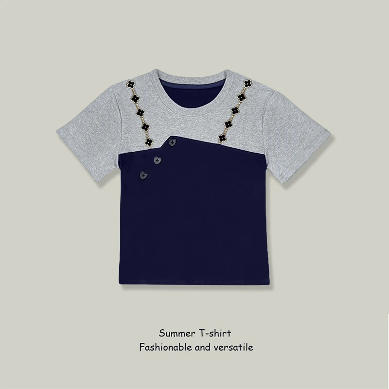 短袖T恤女2025夏季新款撞色拼接假两件设计感百搭休闲时尚上衣女