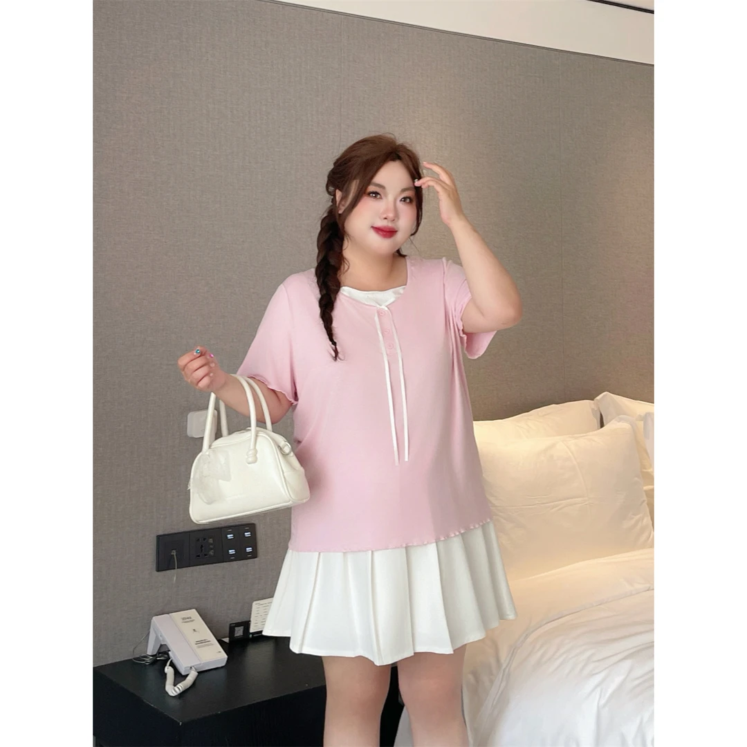 落樱轨迹/莫代尔法式木耳边俏皮少女感T恤15255花契大码200斤胖mm