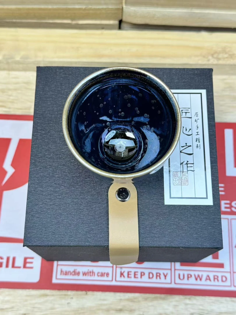 建窑建盏蓝油滴高脚束口杯003  （无礼盒）