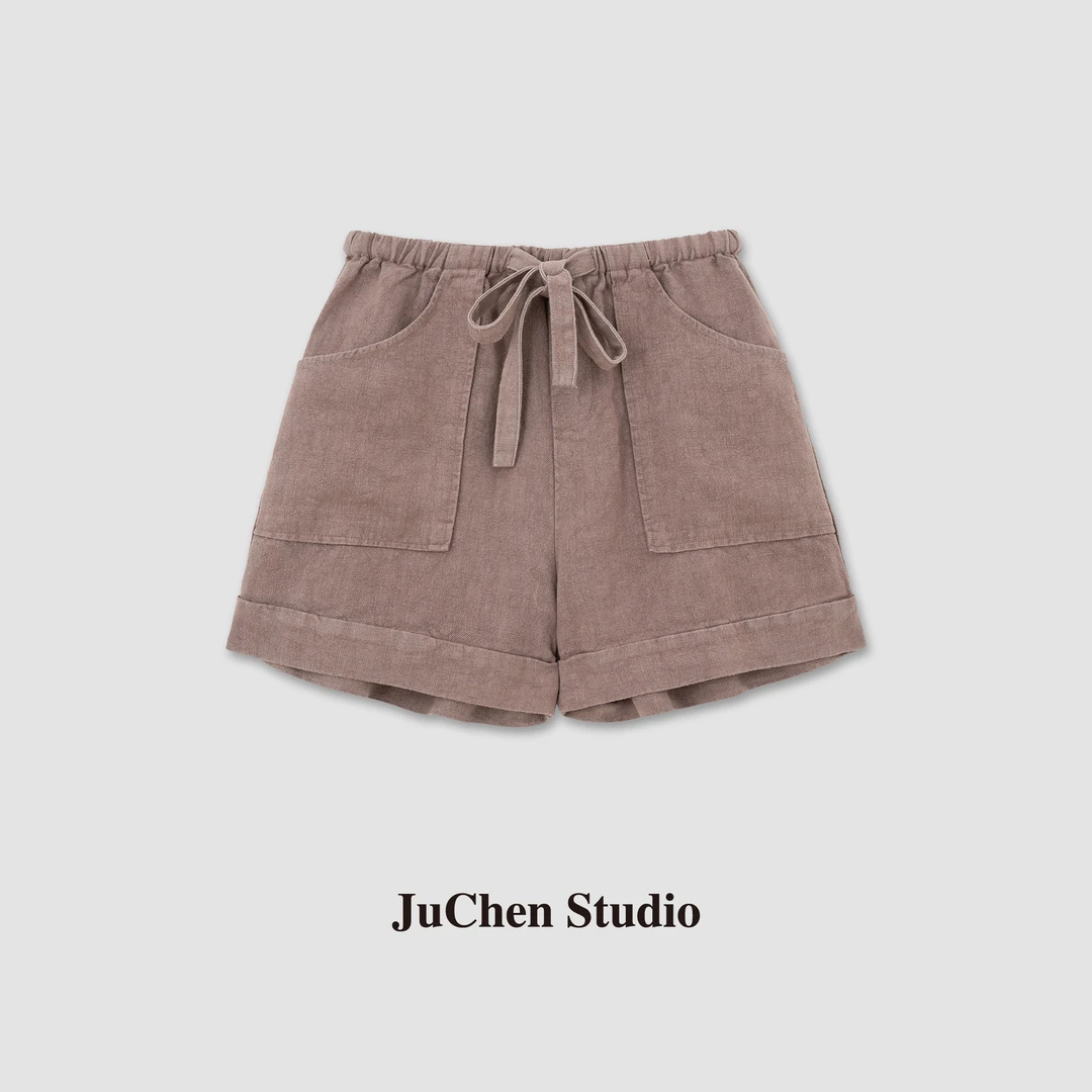 日系自然风砂洗亚麻樱花纹理抽绳松紧腰翻边短裤 SS023787