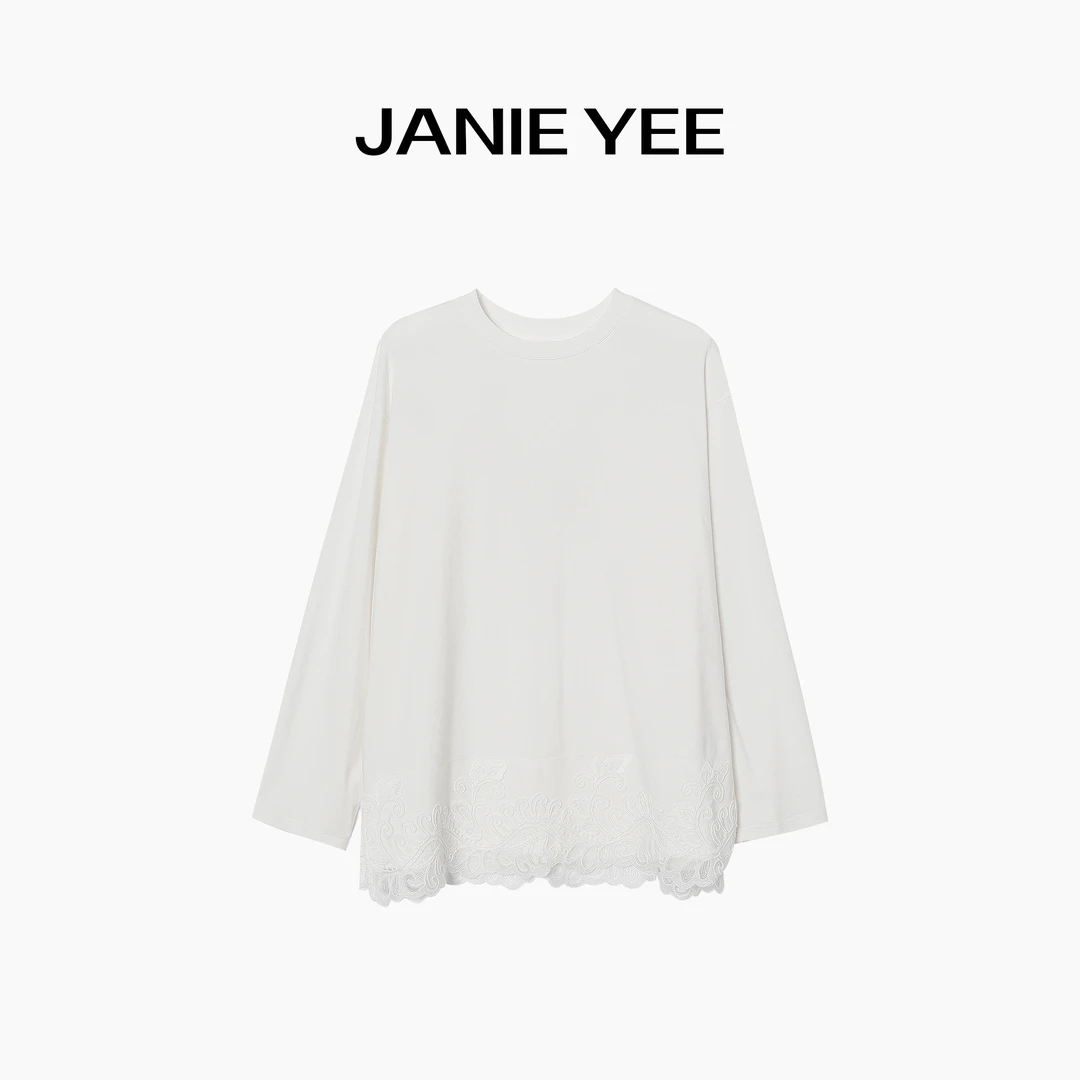 Janie Yee”朗姆Tee“ 春夏休闲宽松蕾丝休闲长款T恤女薄 25A0232
