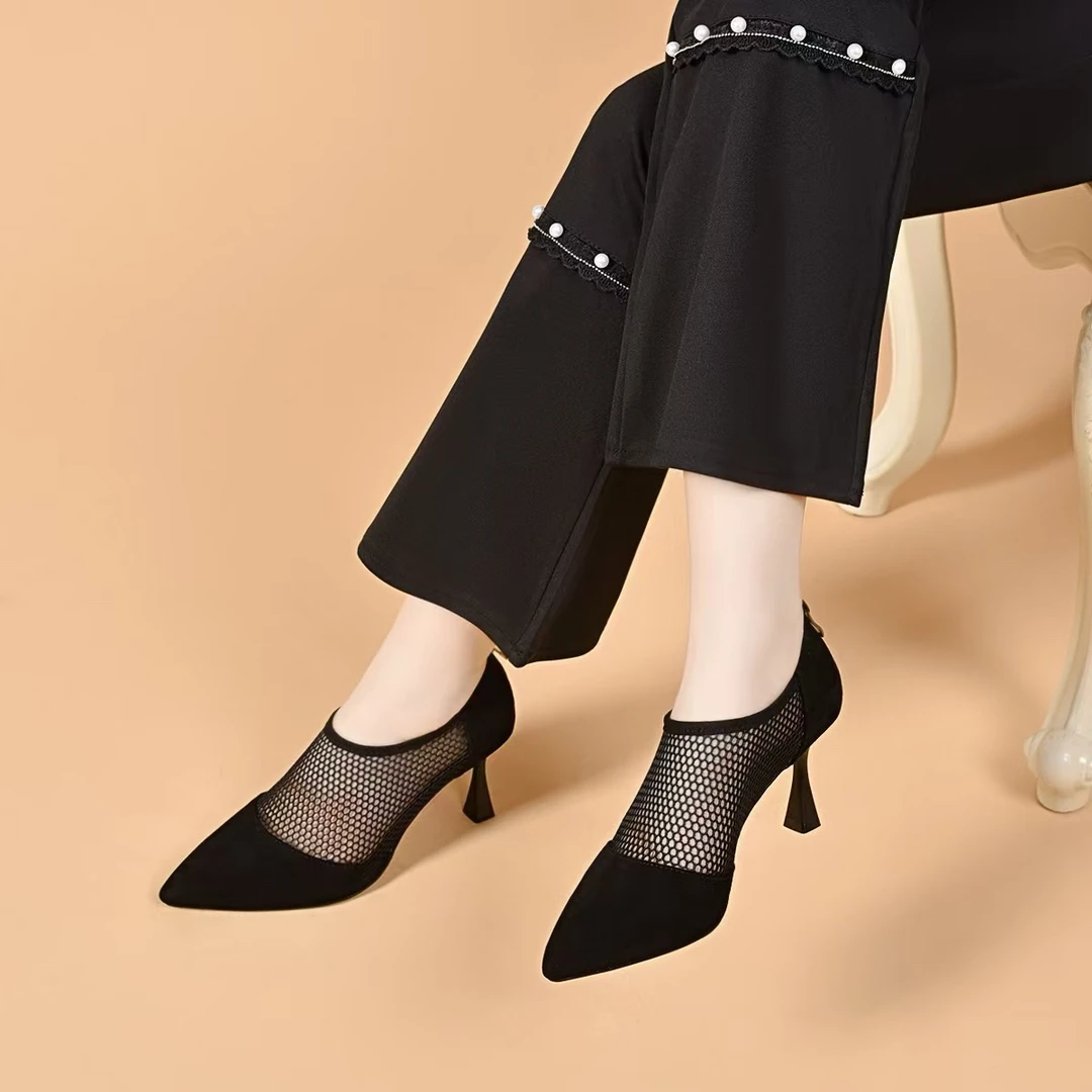 真皮女鞋春夏新款尖头羊皮网纱透气网鞋百搭软底细跟高跟及裸女鞋
