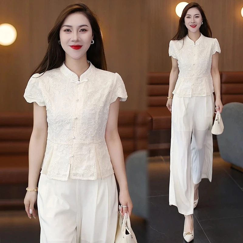 2025新款夏季减龄一整套穿搭新中式短袖阔腿裤大方得体穿搭两件套