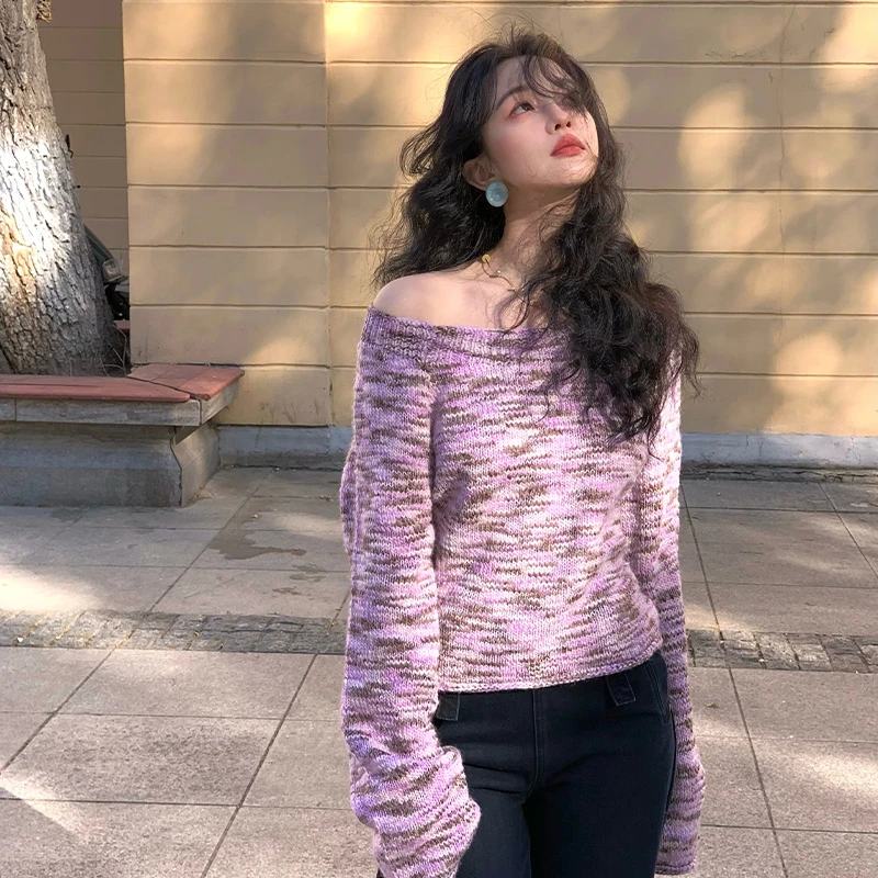 酒午自制 港风复古2025春秋季慵懒感圆领可露肩宽松毛衣女KLF3858