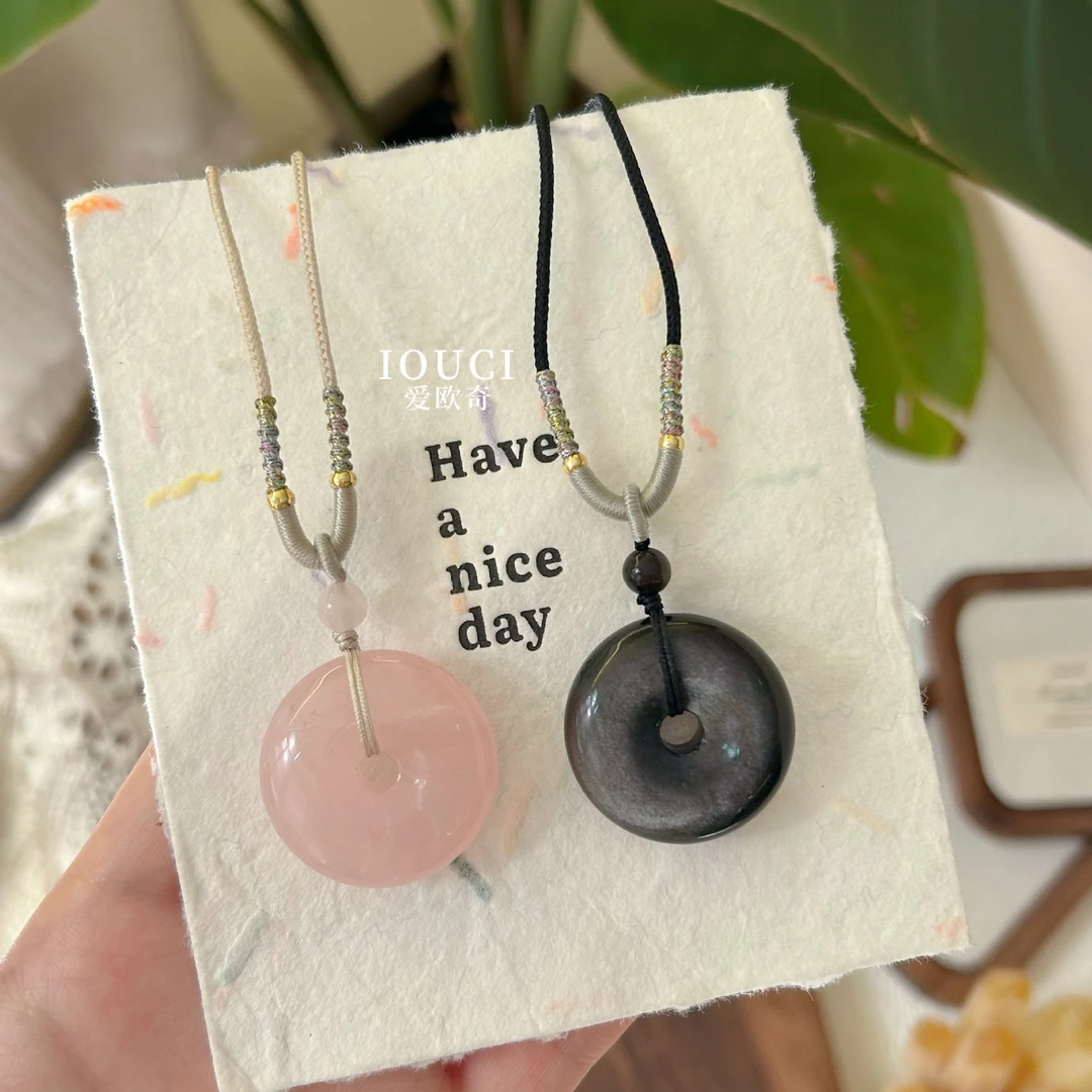 粉水晶平安扣情侣项链小-红书同款圣诞节礼物天然石银曜石饰品