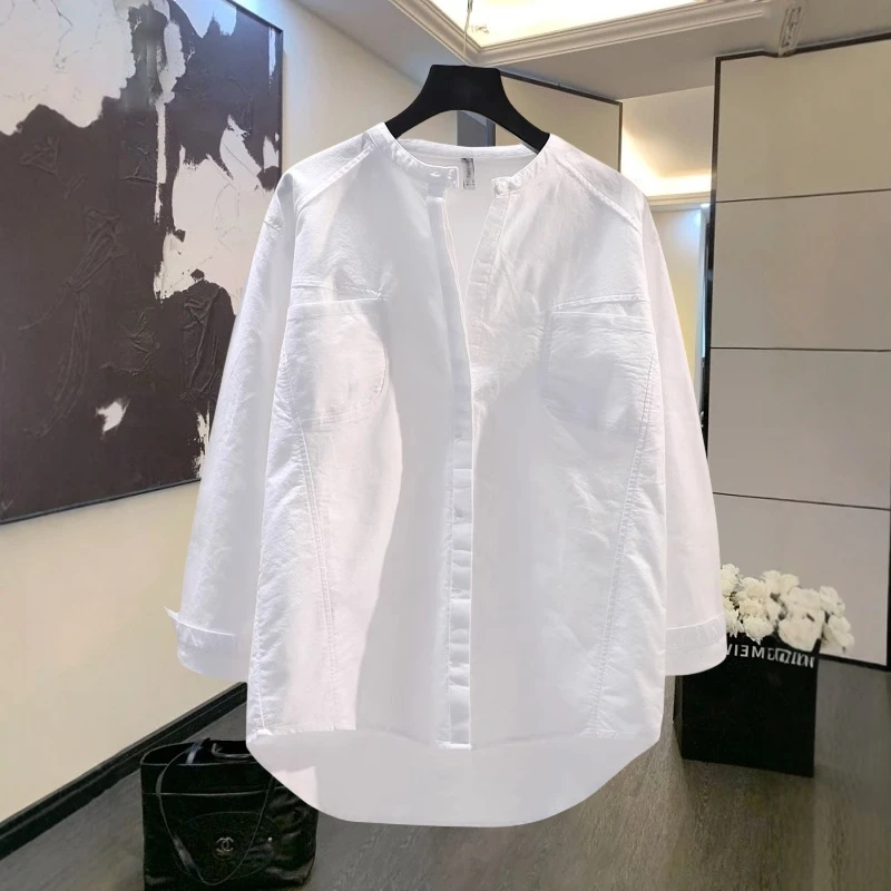 【抖音商场爆款】春秋圆领长袖宽松叠穿白衬衫秋季洋气纯色衬衣