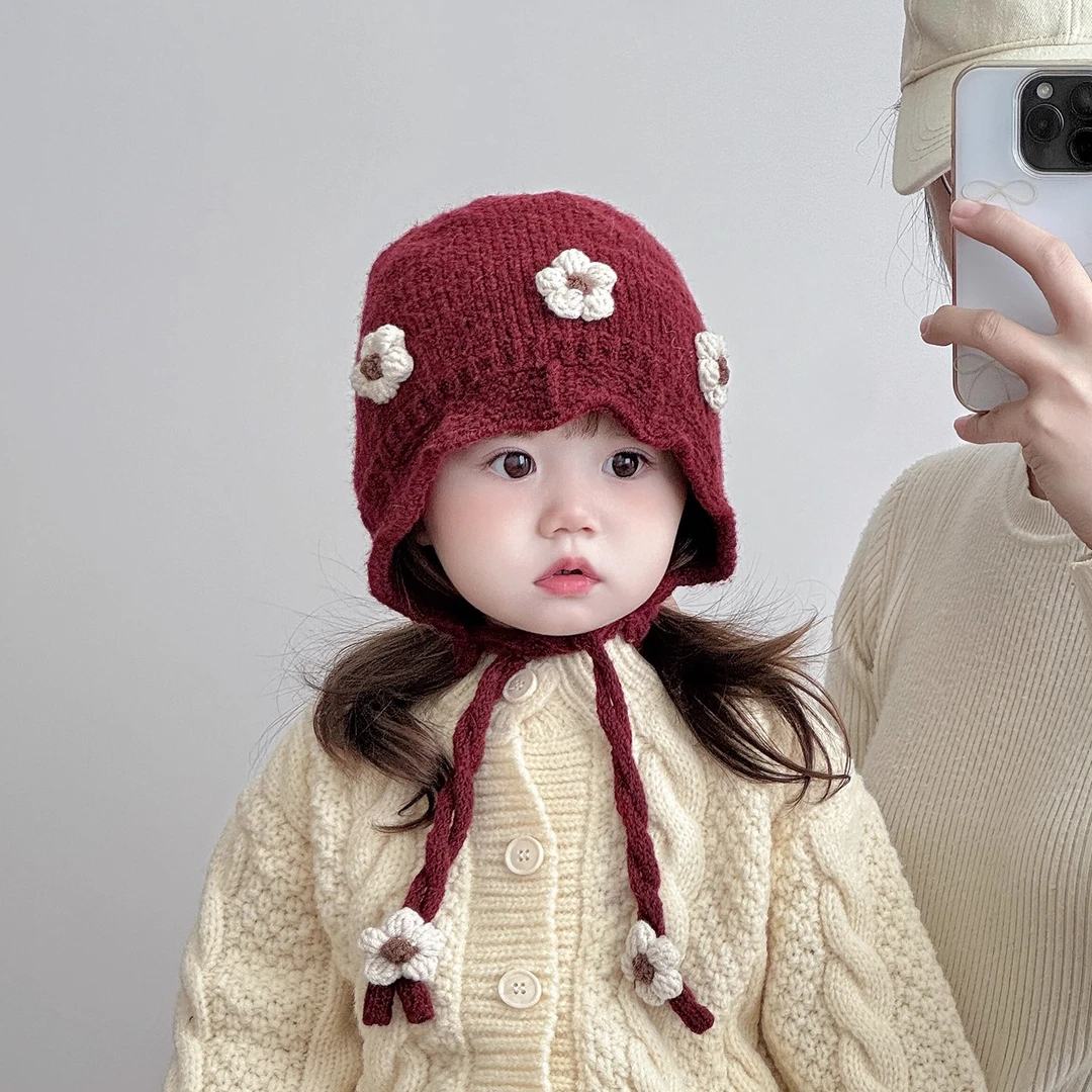 宝宝帽子冬天毛线帽可爱韩版甜美花朵针织护耳帽婴幼儿加厚保暖帽