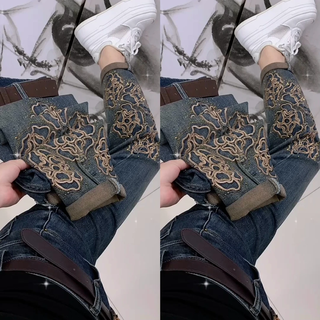 秋季刺绣烫钻微垮牛仔裤（无腰带）