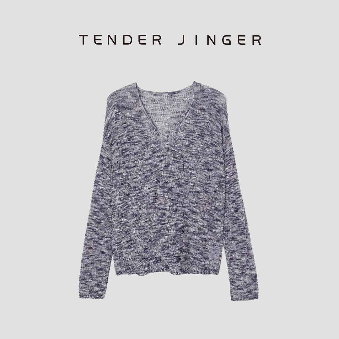 Tender Jinger【专柜】意大利水晶竹节纱V领针织纱T52BBS80364