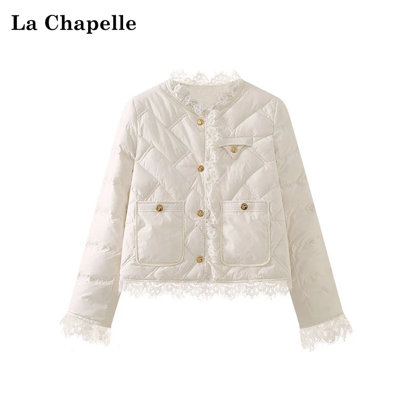 拉夏贝尔黑色法式小众名媛风圆领蕾丝边小香风羽绒服外套女新款