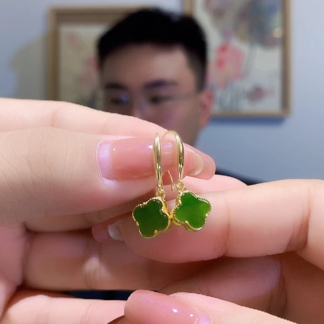 和田玉（碧玉）银S925镀金镶嵌耳饰