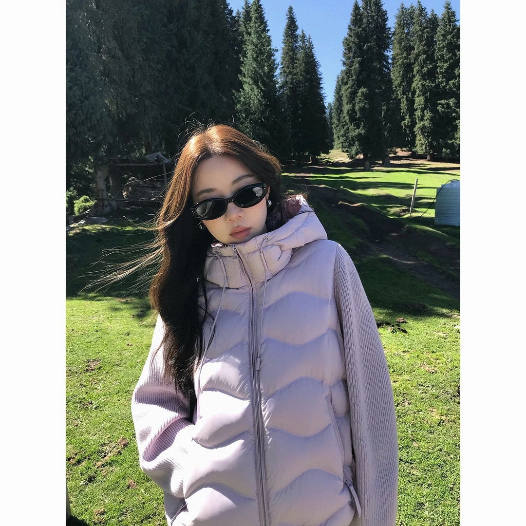 90白鸭绒羽绒服女短款压胶直冲蓬松保暖针织拼接户外休闲外套